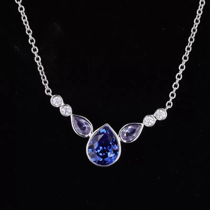 7×9mm Pear Cut Lab Grown Sapphire Bezel Set S925 Sterling Silver Diamond Pendant Necklace