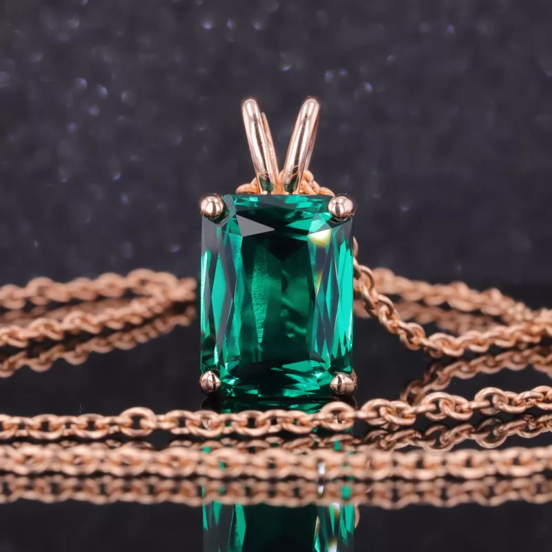 12×16mm Radiant Cut Lab Grown Emerald 14K Rose Gold Diamond Pendant Necklace