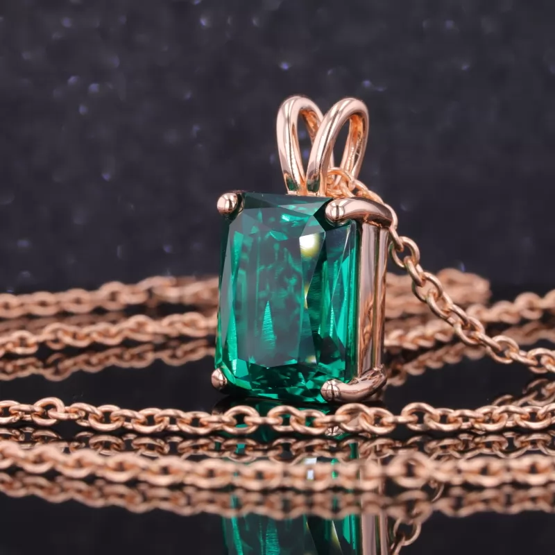 12×16mm Radiant Cut Lab Grown Emerald 14K Rose Gold Diamond Pendant Necklace