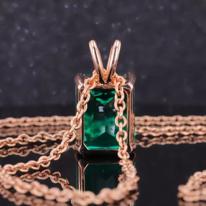 12×16mm Radiant Cut Lab Grown Emerald 14K Rose Gold Diamond Pendant Necklace