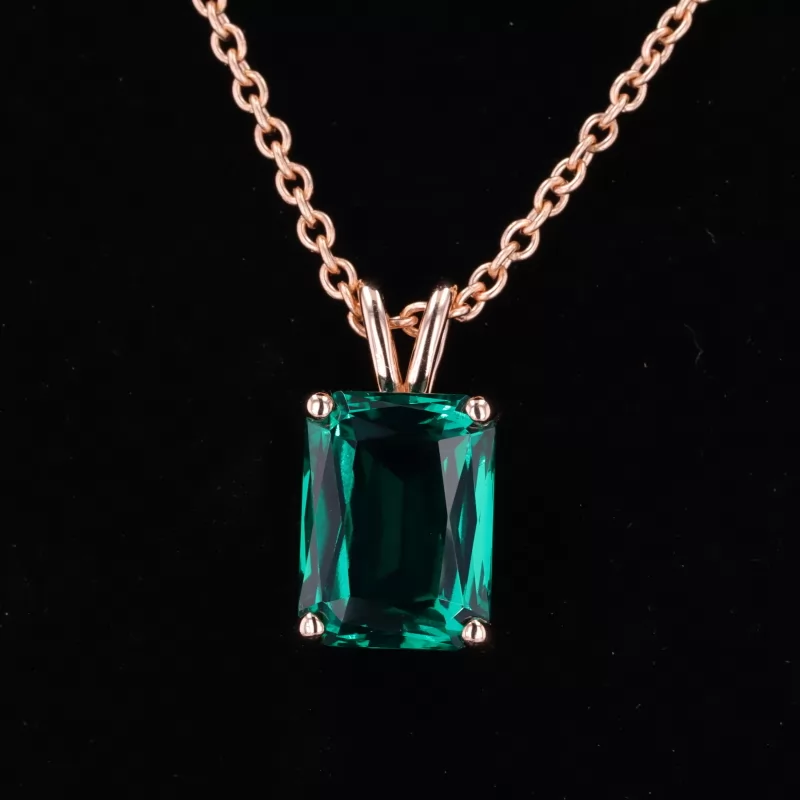 12×16mm Radiant Cut Lab Grown Emerald 14K Rose Gold Diamond Pendant Necklace