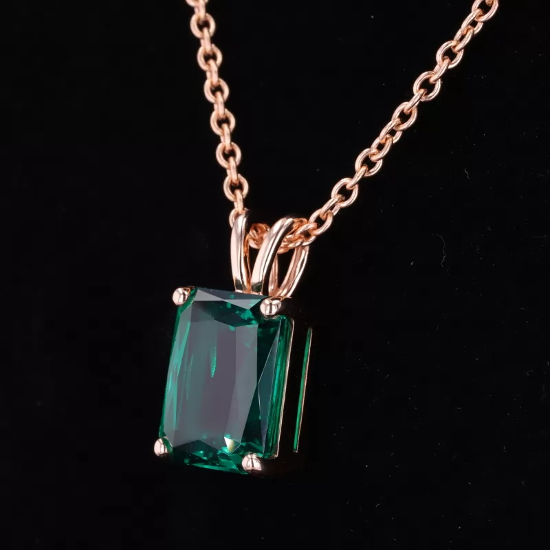 12×16mm Radiant Cut Lab Grown Emerald 14K Rose Gold Diamond Pendant Necklace