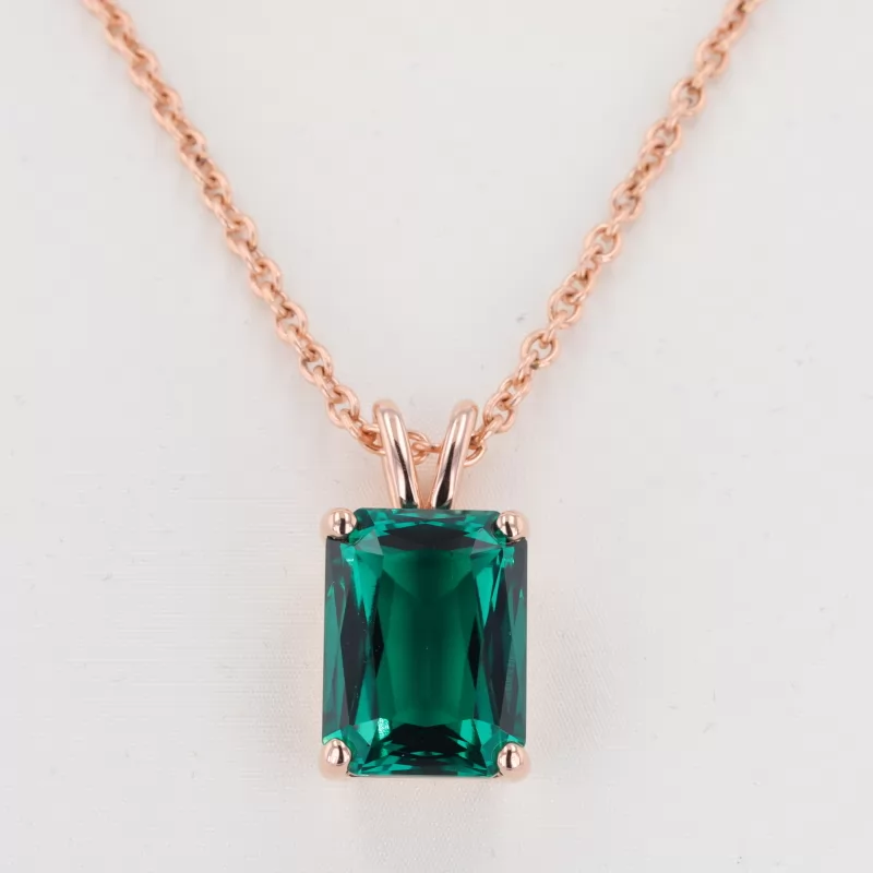 12×16mm Radiant Cut Lab Grown Emerald 14K Rose Gold Diamond Pendant Necklace