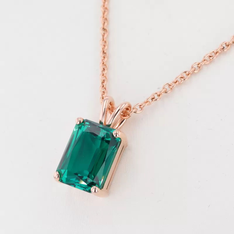 12×16mm Radiant Cut Lab Grown Emerald 14K Rose Gold Diamond Pendant Necklace