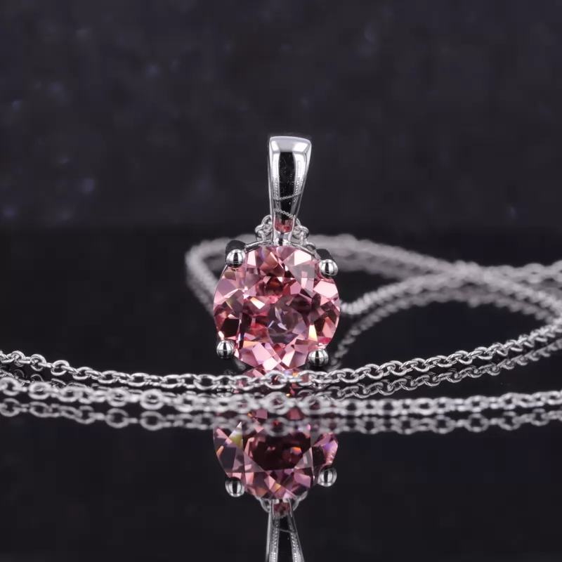 8mm Round Brilliant Cut Lab Grown Sukura Pink Sapphire S925 Sterling Silver Diamond Pendant Necklace