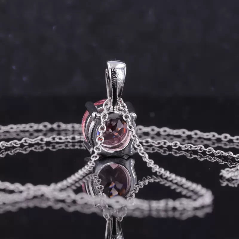 8mm Round Brilliant Cut Lab Grown Sukura Pink Sapphire S925 Sterling Silver Diamond Pendant Necklace