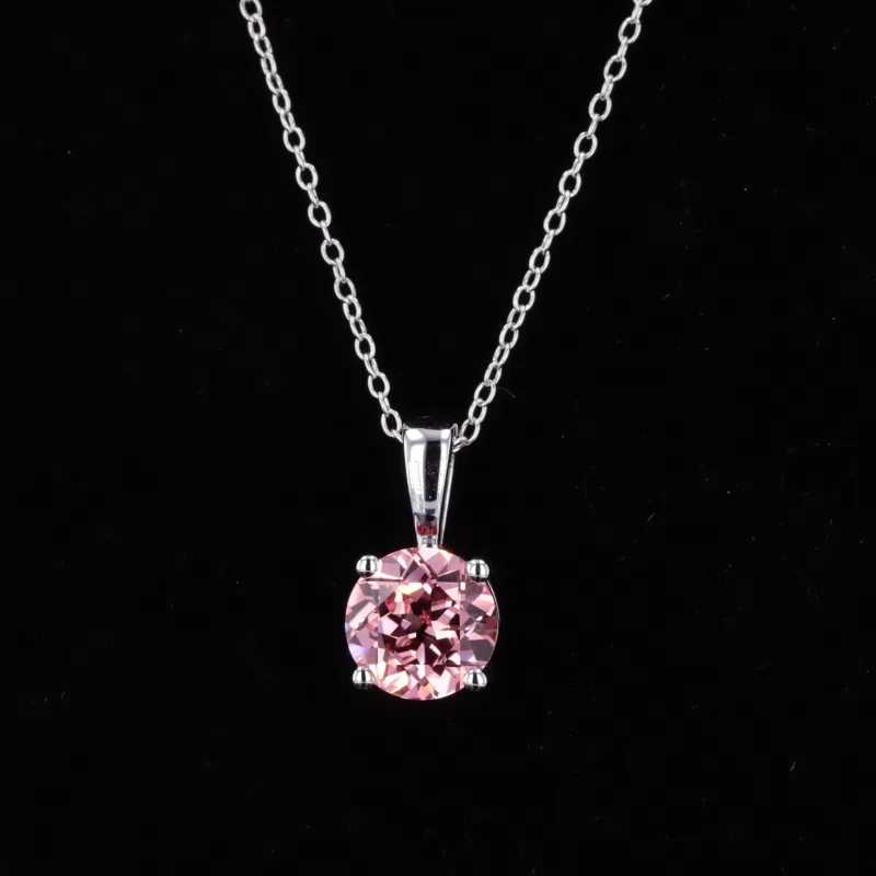 8mm Round Brilliant Cut Lab Grown Sukura Pink Sapphire S925 Sterling Silver Diamond Pendant Necklace