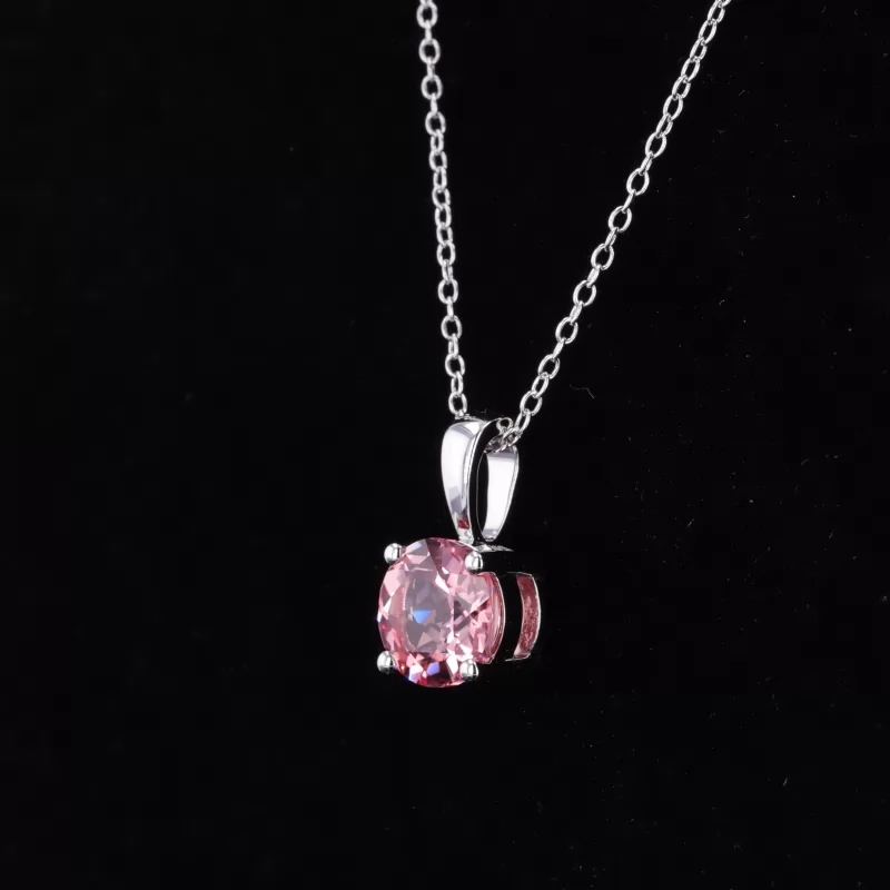 8mm Round Brilliant Cut Lab Grown Sukura Pink Sapphire S925 Sterling Silver Diamond Pendant Necklace