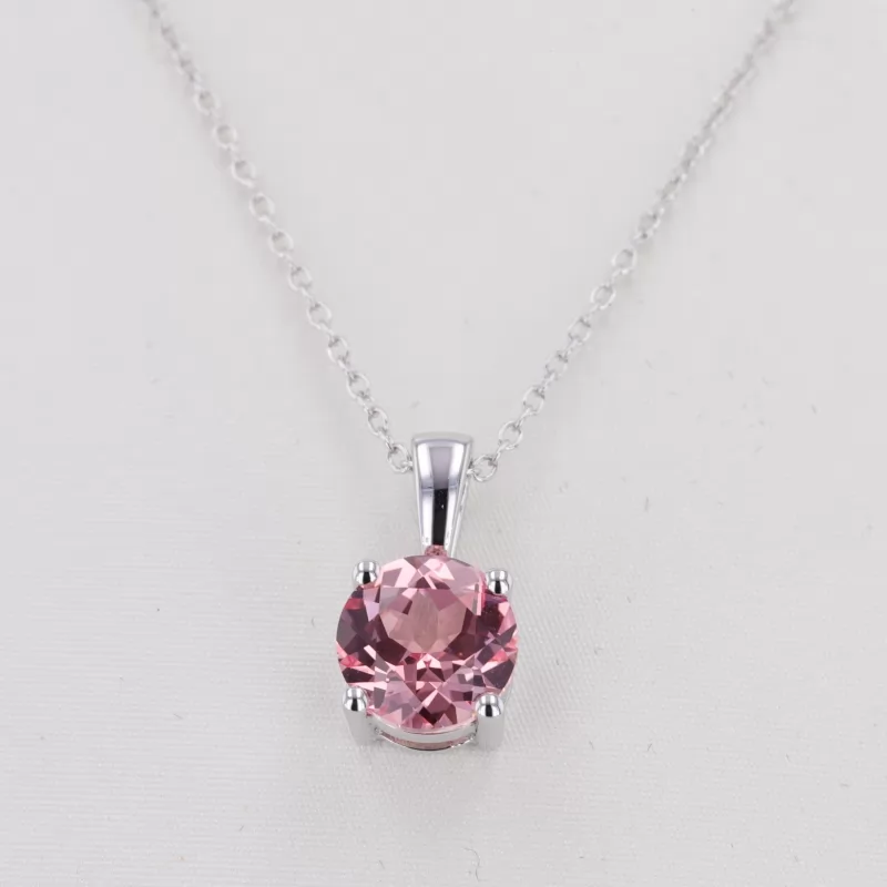 8mm Round Brilliant Cut Lab Grown Sukura Pink Sapphire S925 Sterling Silver Diamond Pendant Necklace