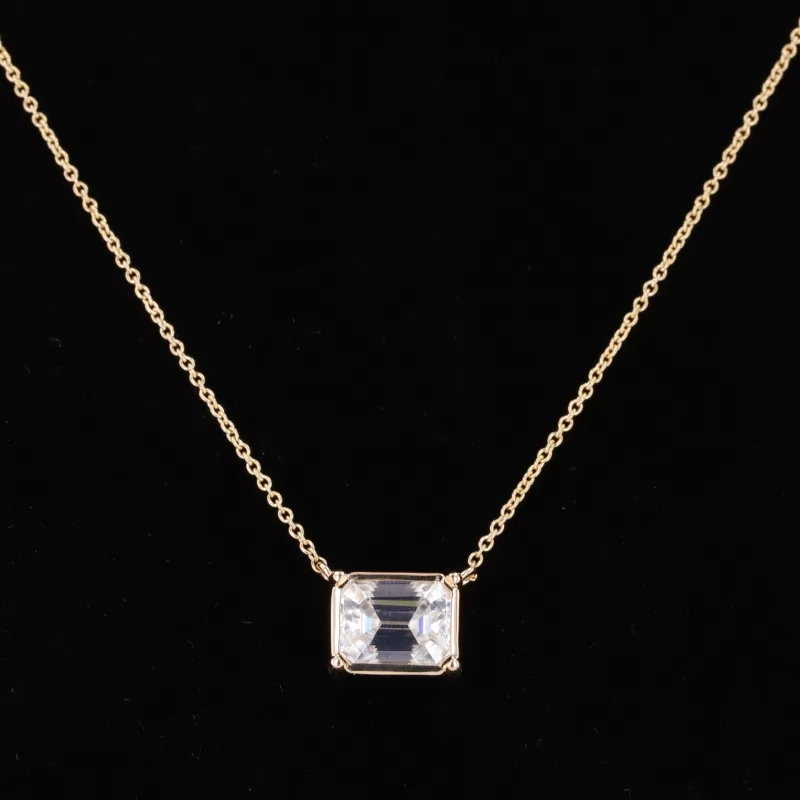 7×9mm Octagon Emerald Cut Moissanite Bezel Set 14K Yellow Gold Diamond Pendant Necklace
