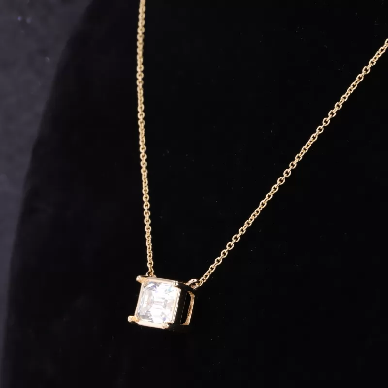 7×9mm Octagon Emerald Cut Moissanite Bezel Set 14K Yellow Gold Diamond Pendant Necklace
