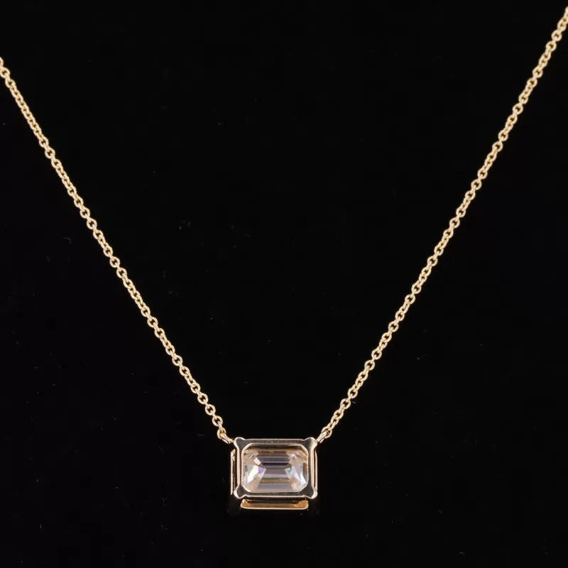 7×9mm Octagon Emerald Cut Moissanite Bezel Set 14K Yellow Gold Diamond Pendant Necklace