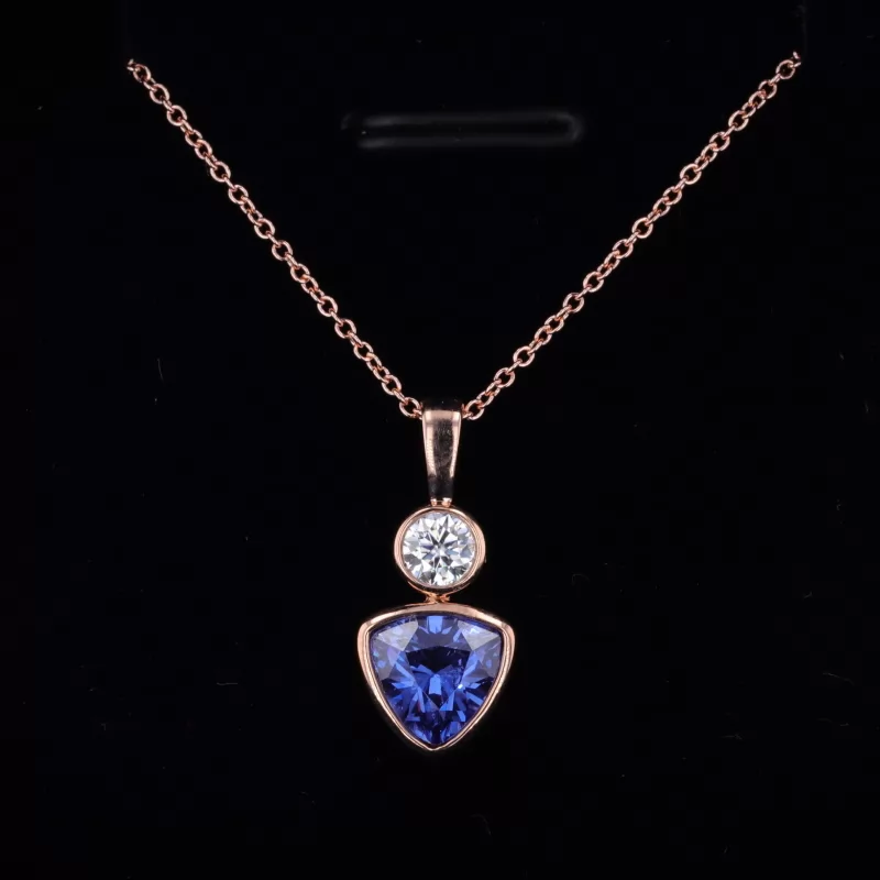 7×7mm Trilliant Cut Lab Grown Sapphire Bezel Set 14K Rose Gold Diamond Pendant Necklace