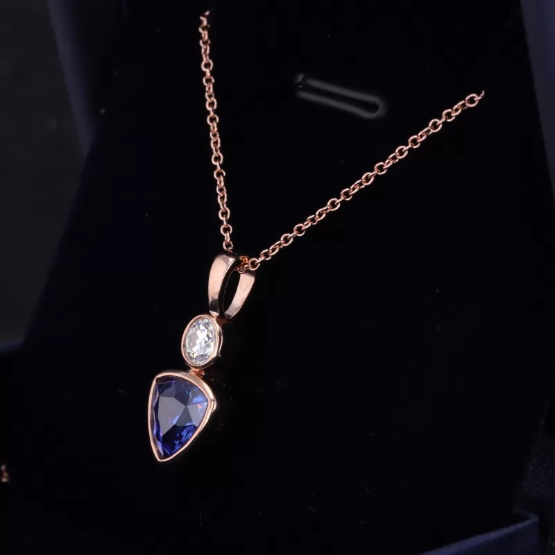 7×7mm Trilliant Cut Lab Grown Sapphire Bezel Set 14K Rose Gold Diamond Pendant Necklace