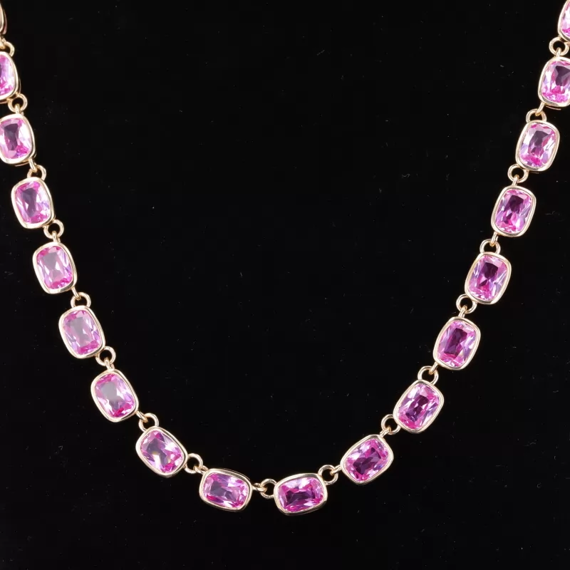 5×7mm Cushion Cut Lab Grown Sukura Pink Sapphire Bezel Set 10K Yellow Gold Diamond Tennis Necklace