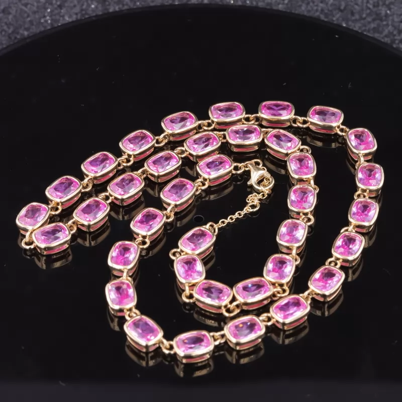 5×7mm Cushion Cut Lab Grown Sukura Pink Sapphire Bezel Set 10K Yellow Gold Diamond Tennis Necklace