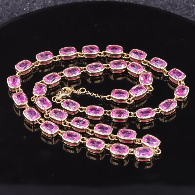 5×7mm Cushion Cut Lab Grown Sukura Pink Sapphire Bezel Set 10K Gold Diamond Tennis Necklace