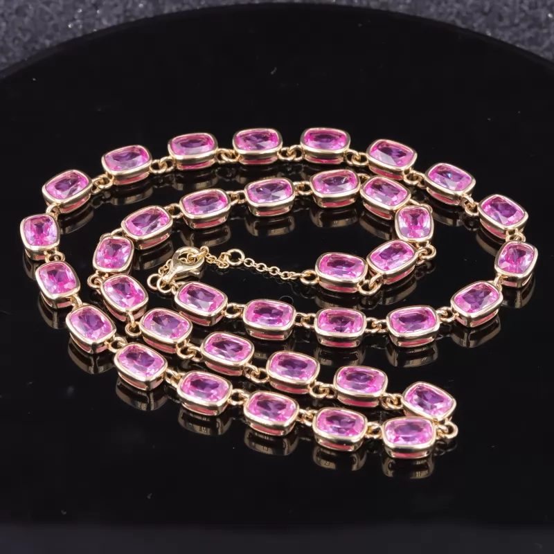 5×7mm Cushion Cut Lab Grown Sukura Pink Sapphire Bezel Set 10K Yellow Gold Diamond Tennis Necklace