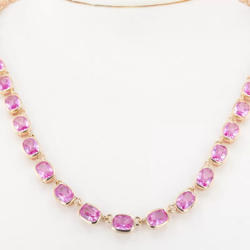 5×7mm Cushion Cut Lab Grown Sukura Pink Sapphire Bezel Set 10K Gold Diamond Tennis Necklace