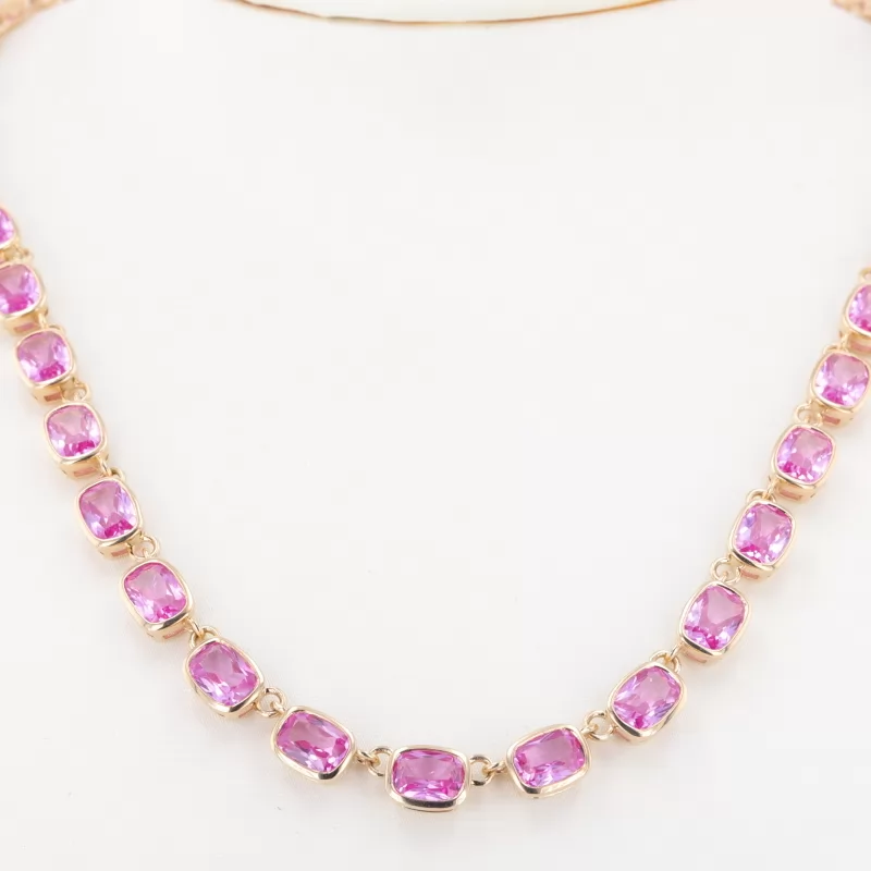 5×7mm Cushion Cut Lab Grown Sukura Pink Sapphire Bezel Set 10K Yellow Gold Diamond Tennis Necklace