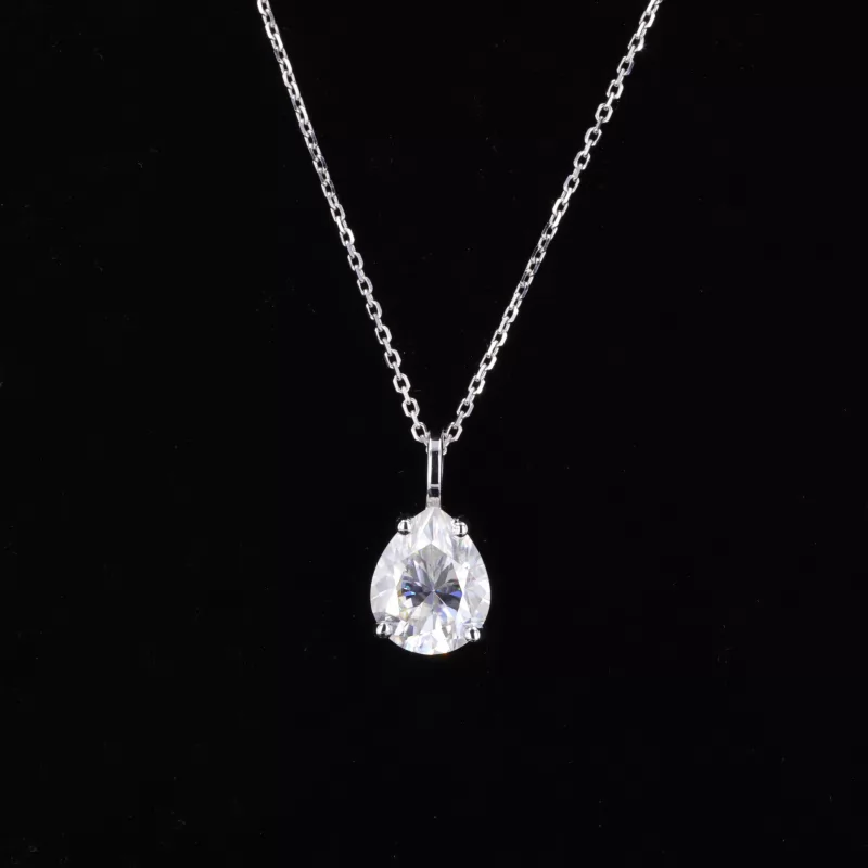 8×10mm Pear Cut Moissanite 10K White Gold Diamond Pendant Necklace