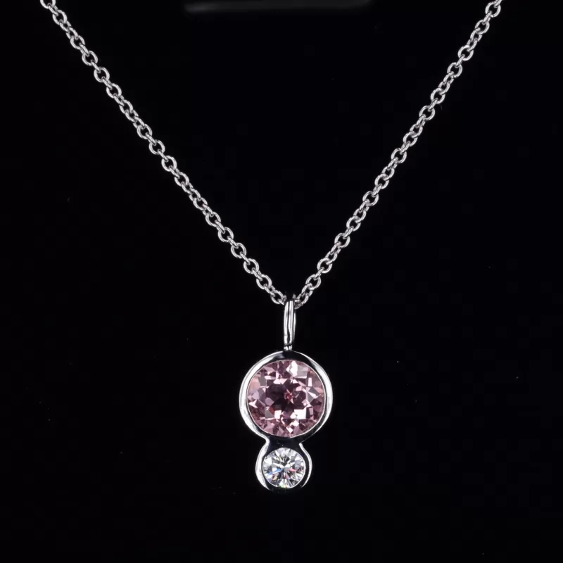 5mm Round Brilliant Cut Lab Grown Sukura Pink Sapphire Bezel Set 14K White Gold Diamond Pendant Necklace