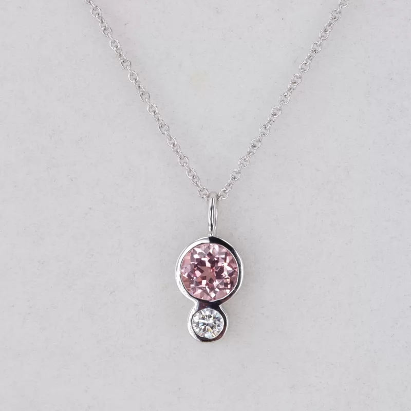 5mm Round Brilliant Cut Lab Grown Sukura Pink Sapphire Bezel Set 14K White Gold Diamond Pendant Necklace