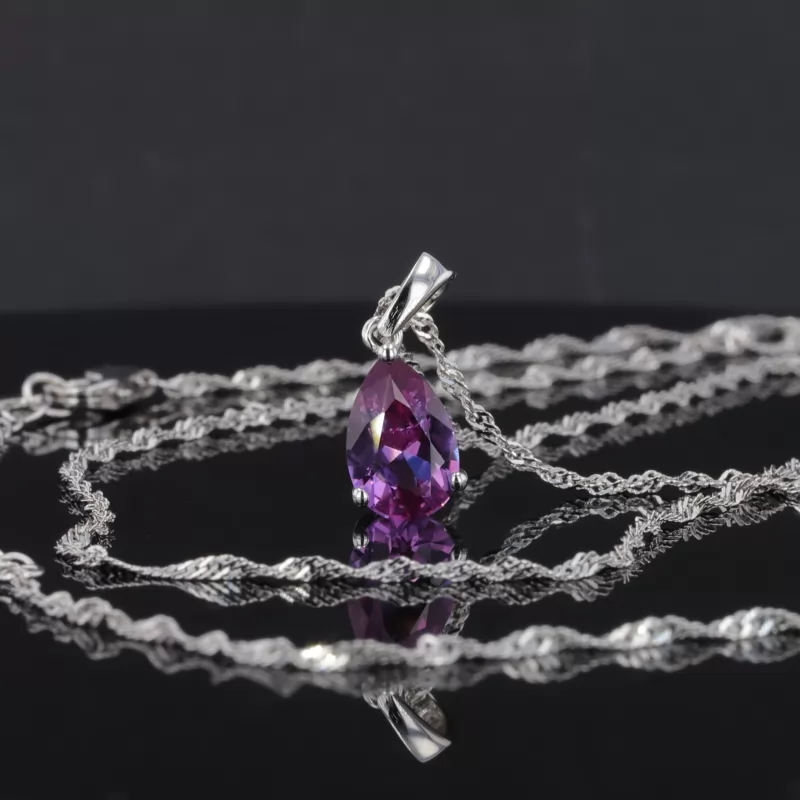6×9mm Pear Cut Violet Color Cubic Zirconia S925 Sterling Silver Diamond Pendant Necklace
