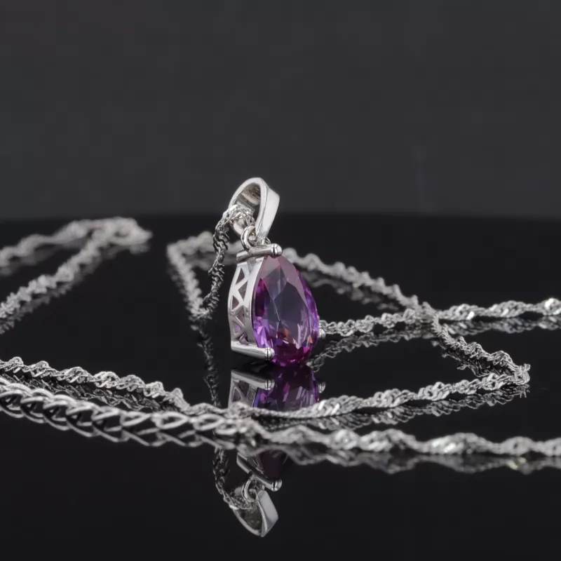 6×9mm Pear Cut Violet Color Cubic Zirconia S925 Sterling Silver Diamond Pendant Necklace