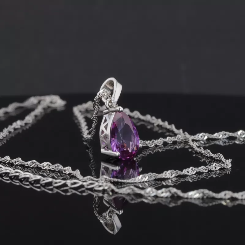 6×9mm Pear Cut Amethyst S925 Sterling Silver Diamond Pendant Necklace