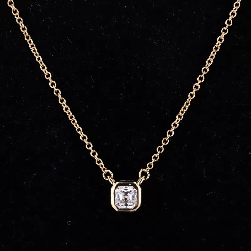 3.5×3.5mm Asscher Cut Moissanite Bezel Set 14K Yellow Gold Diamond Pendant Necklace