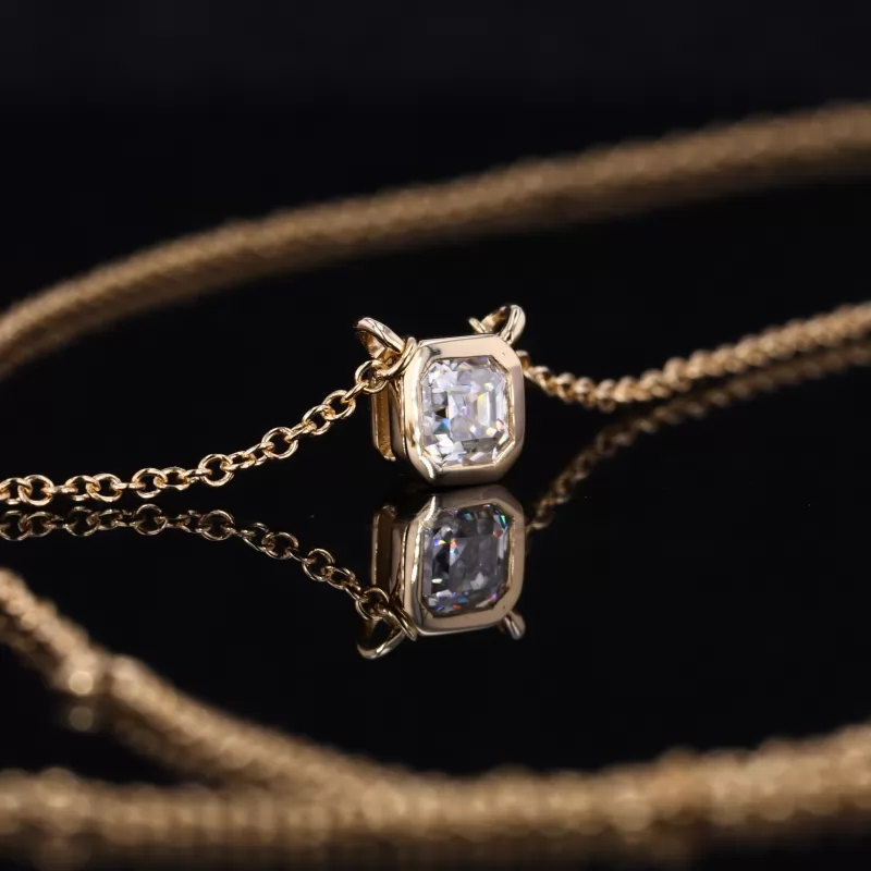 3.5×3.5mm Asscher Cut Moissanite Bezel Set 14K Gold Diamond Pendant Necklace