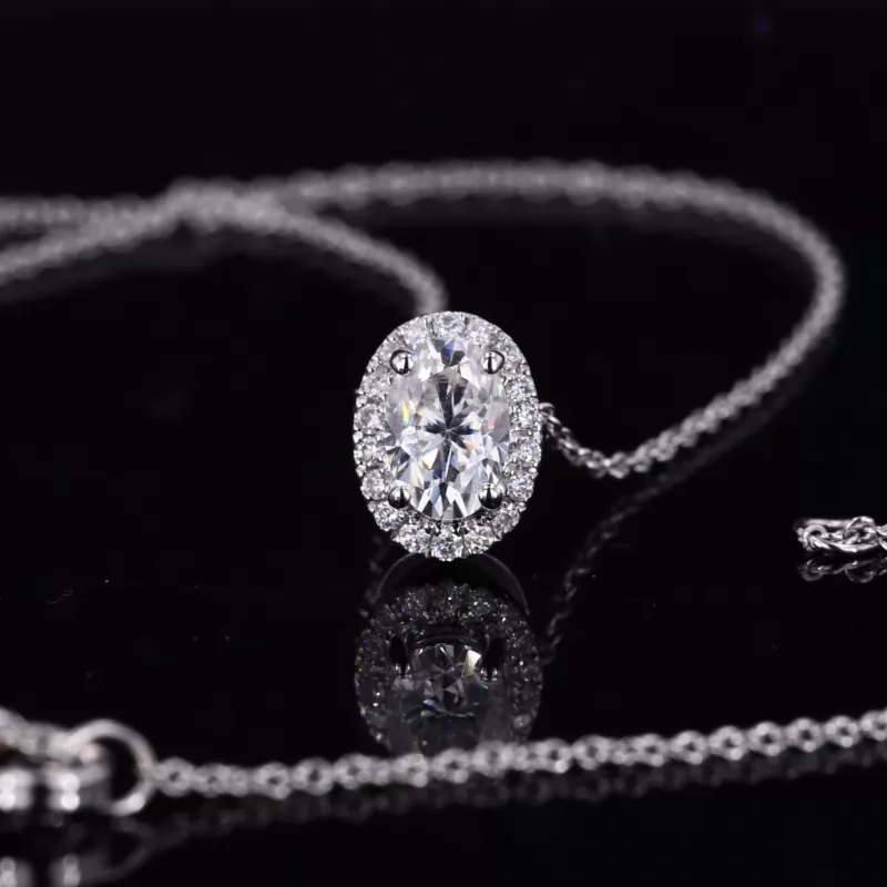 6×8mm Oval Cut Moissanite Halo Set 9K White Gold Diamond Pendant Necklace