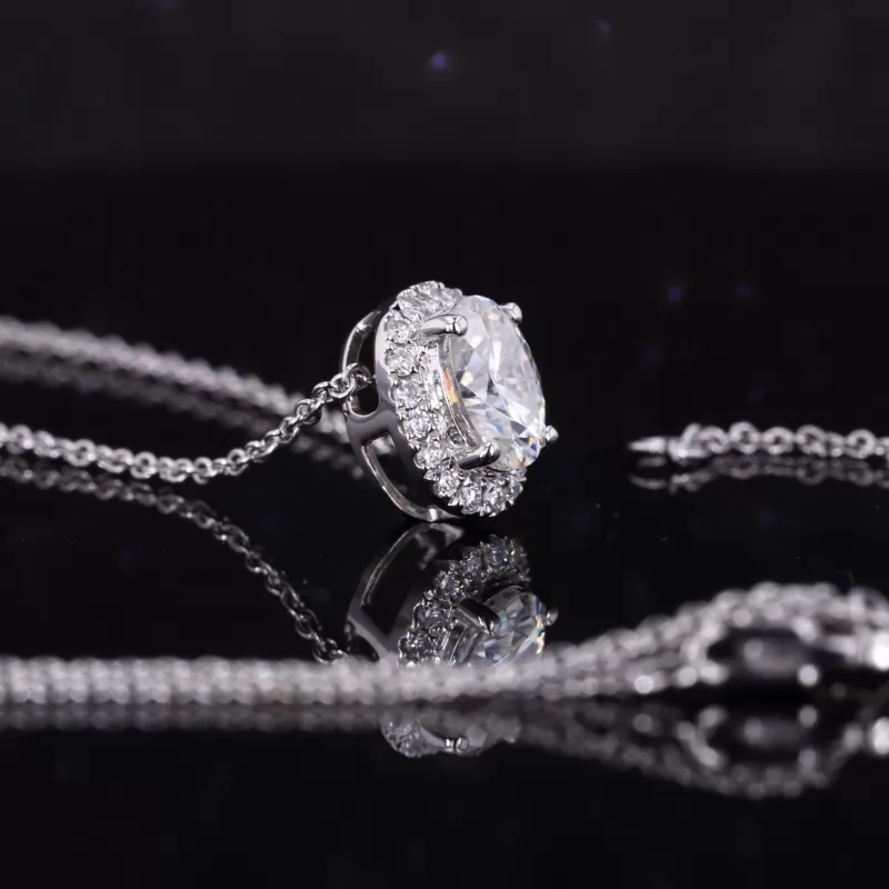 6×8mm Oval Cut Moissanite Halo Set 9K White Gold Diamond Pendant Necklace