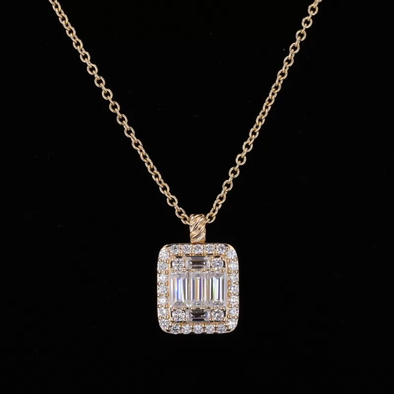 3×6mm 2×4mm Baguette Step Cut Moissanite 14K Yellow Gold Diamond Pendant Necklace