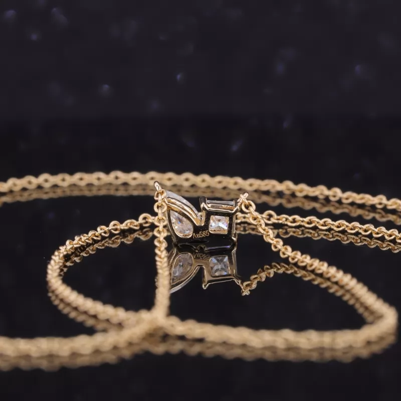 3×3mm Princess Cut and 3×5mm Pear Cut Moissanite 14K Gold Diamond Pendant Necklace