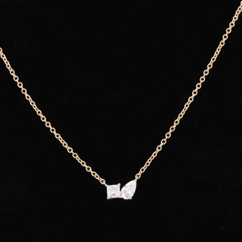 3×3mm Princess Cut and 3×5mm Pear Cut Moissanite 14K Gold Diamond Pendant Necklace