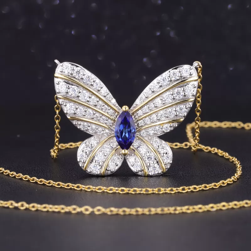 4×8mm Marquise Cut Lab Grown Sapphire S925 Sterling Silver Butterfly Style design Diamond Pendant Necklace