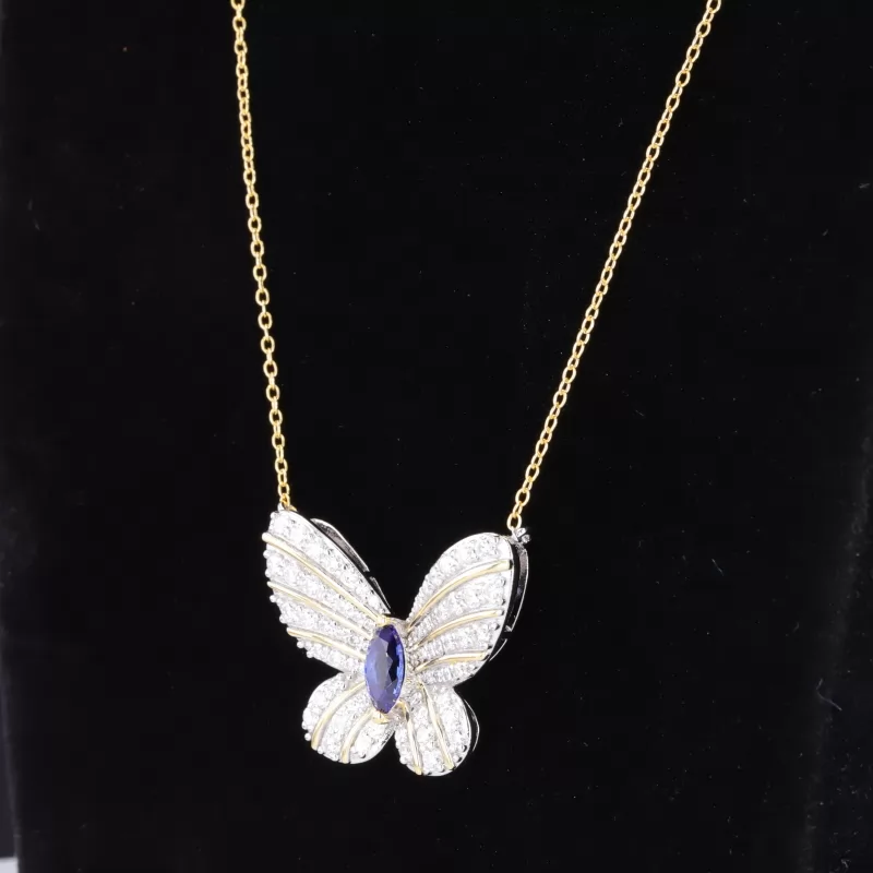 4×8mm Marquise Cut Lab Grown Sapphire S925 Sterling Silver Butterfly Style design Diamond Pendant Necklace