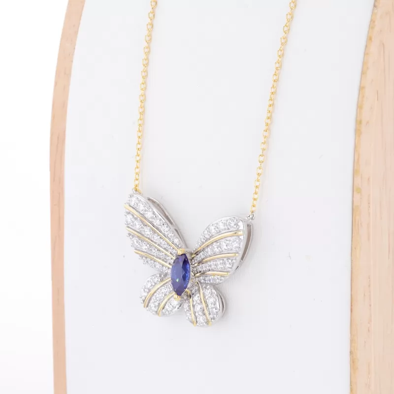 4×8mm Marquise Cut Lab Grown Sapphire S925 Sterling Silver Butterfly Style design Diamond Pendant Necklace