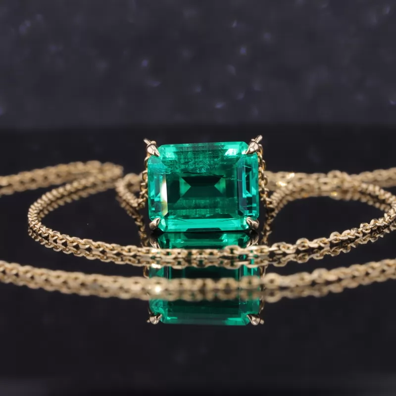 8×10mm Octagon Emerald Cut Lab Grown Emerald 14K Yellow Gold Diamond Pendant Necklace