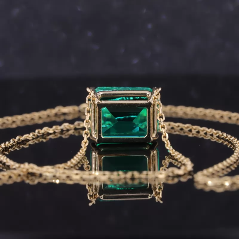 8×10mm Octagon Emerald Cut Lab Grown Emerald 14K Gold Diamond Pendant Necklace