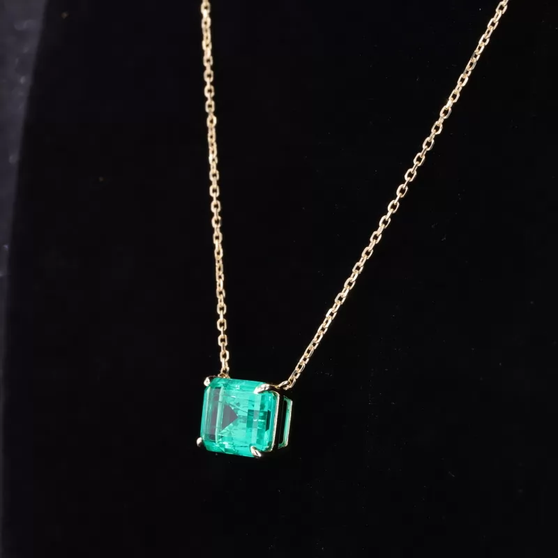 8×10mm Octagon Emerald Cut Lab Grown Emerald 14K Gold Diamond Pendant Necklace