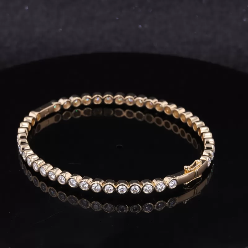 3mm Round Brilliant Cut Moissanite Bezel Set 14K Yellow Gold Tennis Bracelet