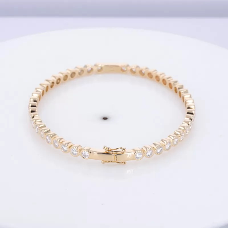 3mm Round Brilliant Cut Moissanite Bezel Set 14K Yellow Gold Tennis Bracelet