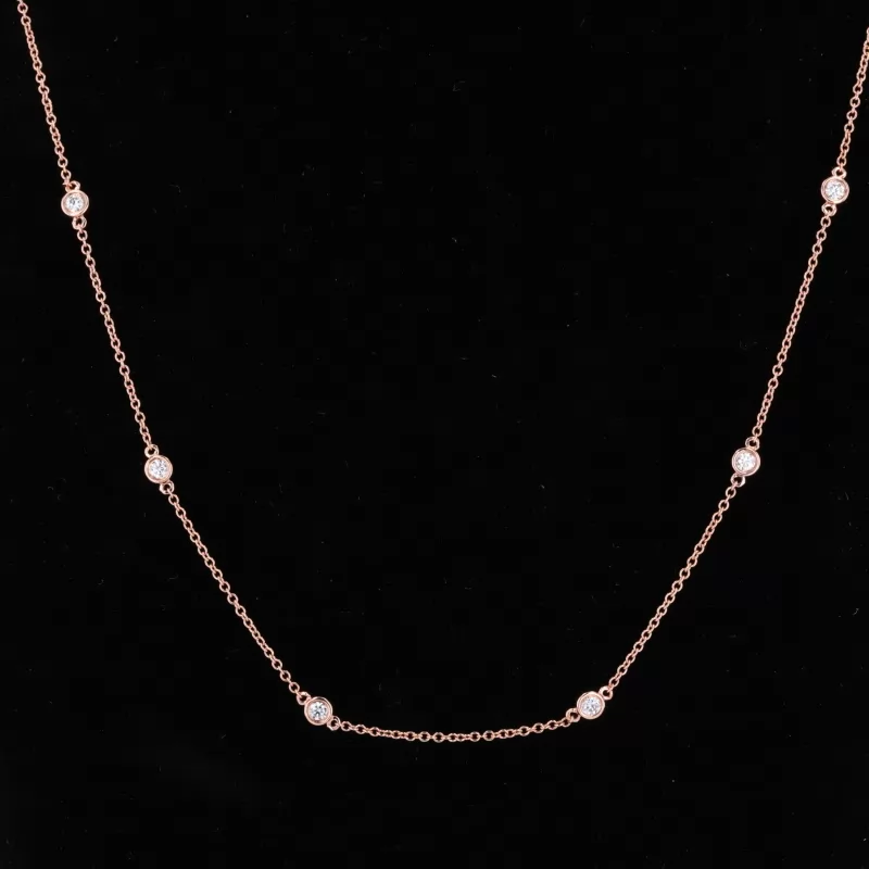 2mm Round Brilliant Cut Moissanite Bezel Set 14K Rose Gold Diamond Pendant Necklace