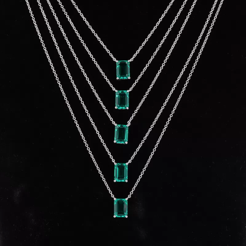 5×7mm Octagon Emerald Cut Lab Grown Emerald S925 Sterling Silver Diamond Pendant Necklaces