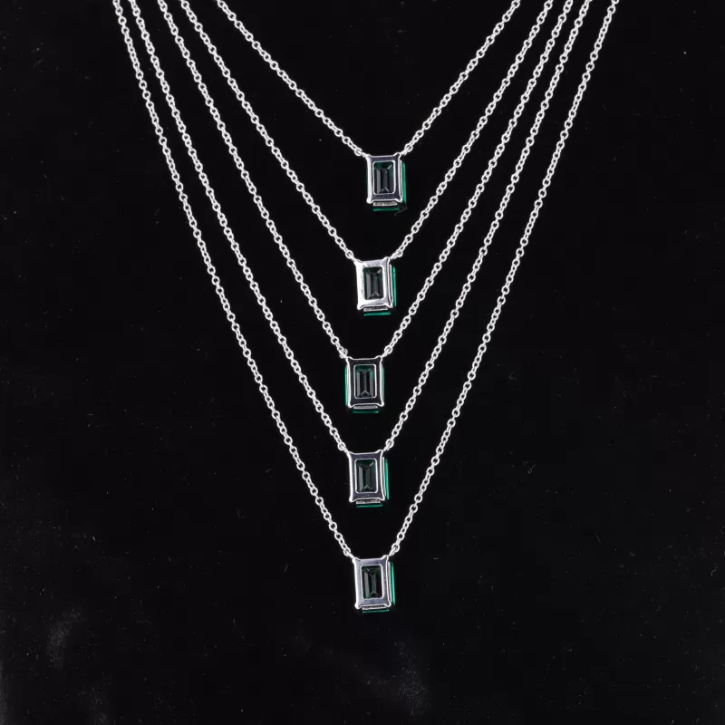 5×7mm Octagon Emerald Cut Lab Grown Emerald S925 Sterling Silver Diamond Pendant Necklaces