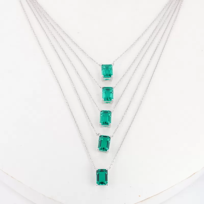 5×7mm Octagon Emerald Cut Lab Grown Emerald S925 Sterling Silver Diamond Pendant Necklace