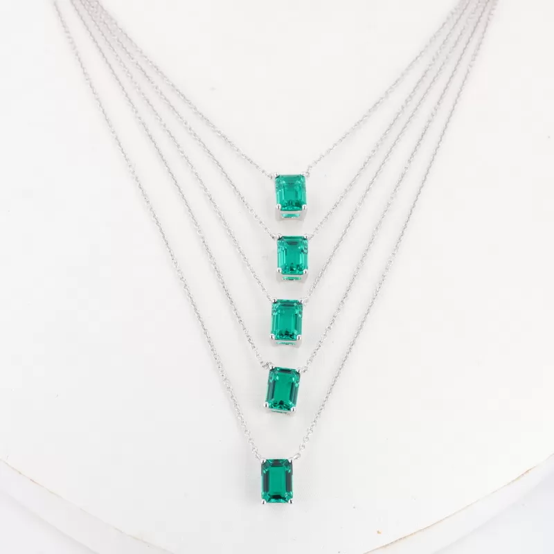 5×7mm Octagon Emerald Cut Lab Grown Emerald S925 Sterling Silver Diamond Pendant Necklaces